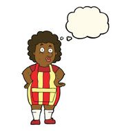 cartoon woman in kitchen apron with thought bubble N7
