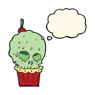 cartoon spooky skull cupcake with thought bubble N7