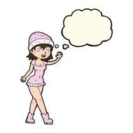 cartoon pretty girl in hat waving with thought bubble N8