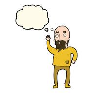 cartoon bearded man waving with thought bubble N8