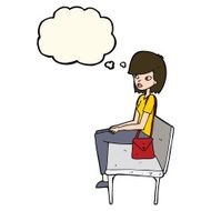 cartoon woman sitting on bench with thought bubble N8