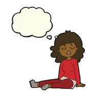 cartoon happy woman sitting on floor with thought bubble N13