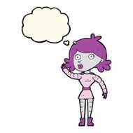 cartoon robot woman waving with thought bubble N11