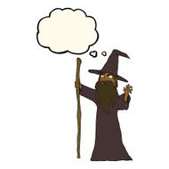 cartoon spooky wizard with thought bubble N4