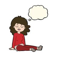 cartoon happy woman sitting on floor with thought bubble N14