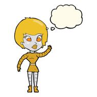 cartoon robot woman waving with thought bubble N14