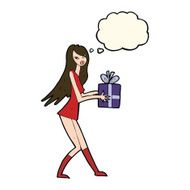 cartoon fashion girl with present thought bubble N7