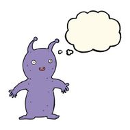 cartoon happy little alien with thought bubble N7