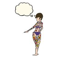 cartoon bikini girl covered in tattoos with thought bubble N8