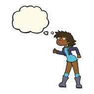 cartoon girl in leather jacket with thought bubble N7