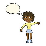 cartoon friendly woman waving with thought bubble N36