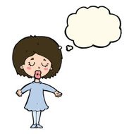 cartoon woman in dress with thought bubble N27