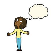 cartoon curious woman looking upwards with thought bubble N7