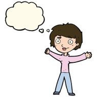 cartoon woman waving arms with thought bubble N16