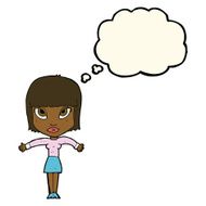 cartoon woman shrugging with thought bubble N43