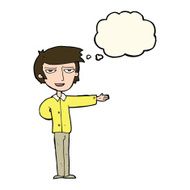 cartoon man gesturing welcome with thought bubble N8