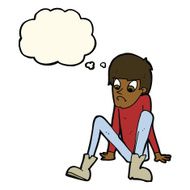 cartoon boy sitting on floor with thought bubble N7