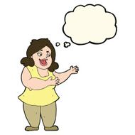 cartoon happy fat woman with thought bubble N4