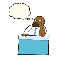 cartoon bored man at desk with thought bubble N7