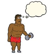 cartoon man lifting weights with thought bubble N7