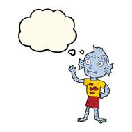 cartoon waving fish boy with thought bubble N7
