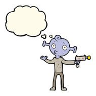 cartoon alien with ray gun thought bubble N7