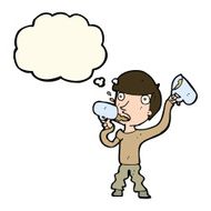 cartoon man drinking beer with thought bubble N8