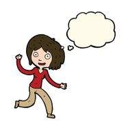 cartoon happy waving girl with thought bubble N8