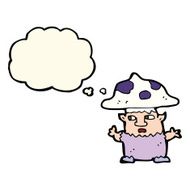 cartoon little mushroom man with thought bubble N8