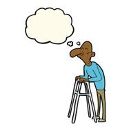 cartoon old man with walking frame thought bubble N7
