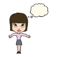 cartoon woman shrugging with thought bubble N44
