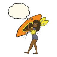 cartoon woman carrying canoe with thought bubble N5