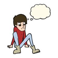cartoon boy sitting on floor with thought bubble N8
