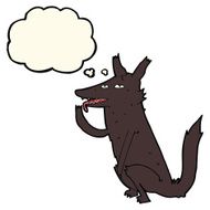 cartoon wolf licking paw with thought bubble N4