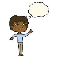 cartoton unhappy boy waving with thought bubble N4