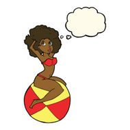 cartoon pin up girl sitting on ball with thought bubble N7
