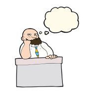 cartoon bored man at desk with thought bubble N8