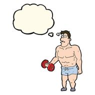 cartoon man lifting weights with thought bubble N8