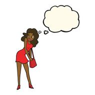 cartoon woman looking in handbag with thought bubble N7