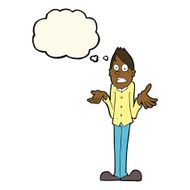 cartoon man shrugging shoulders with thought bubble N19