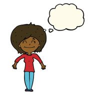 cartoon woman shrugging shoulders with thought bubble N329
