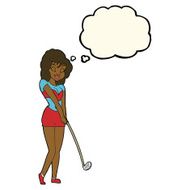 cartoon woman playing golf with thought bubble N13