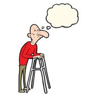 cartoon old man with walking frame thought bubble N8