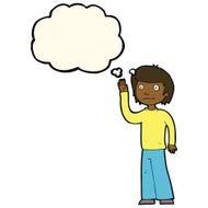 cartoon friendly boy waving with thought bubble N7