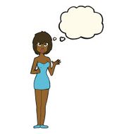 cartoon confused woman in cocktail dress with thought bubble N5