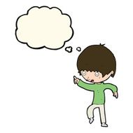 cartoon worried boy pointing with thought bubble N8