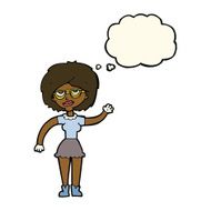 cartoon waving woman wearing spectacles with thought bubble N7