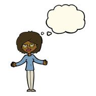 cartoon woman wearing spectacles with thought bubble N29