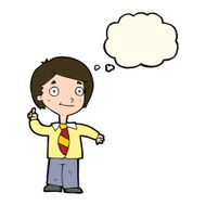 cartoon school boy answering question with thought bubble N34