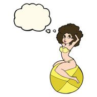 cartoon pin up girl sitting on ball with thought bubble N8